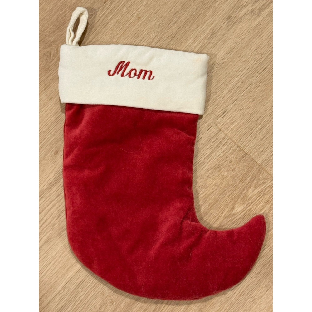 Pottery Barn Red Velvet  13" Elf Christmas Winter Stocking Personalized "MOM"